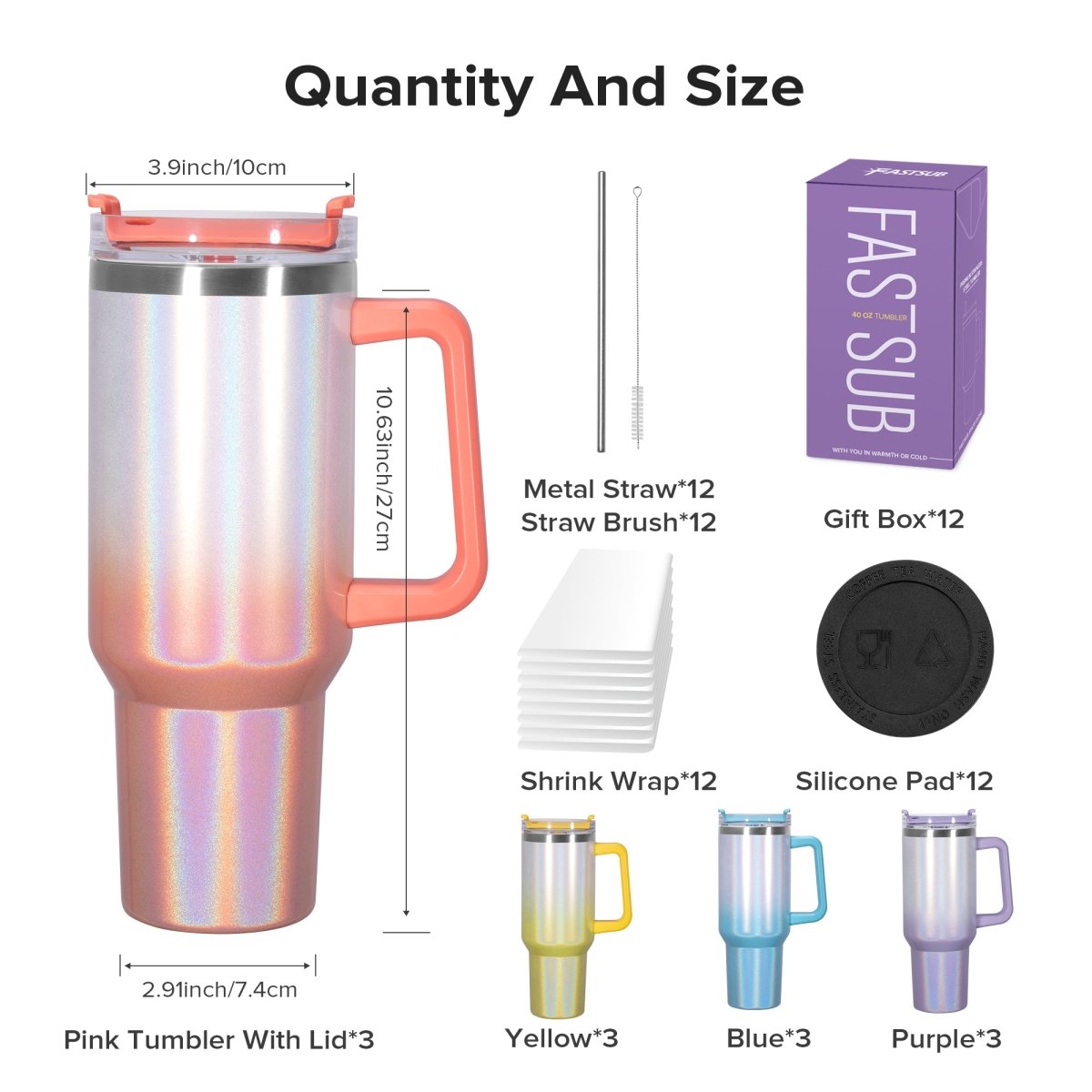 40 oz Sublimation Holographic Color Tumbler - 12 Pack - FASTSUB
