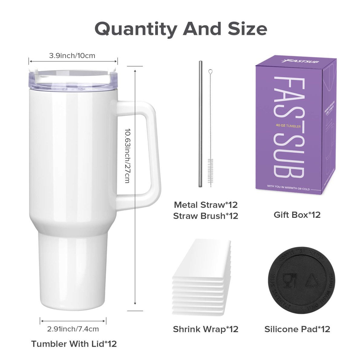 40 oz Sublimation White Handle Tumbler - 12 Pack - FASTSUB