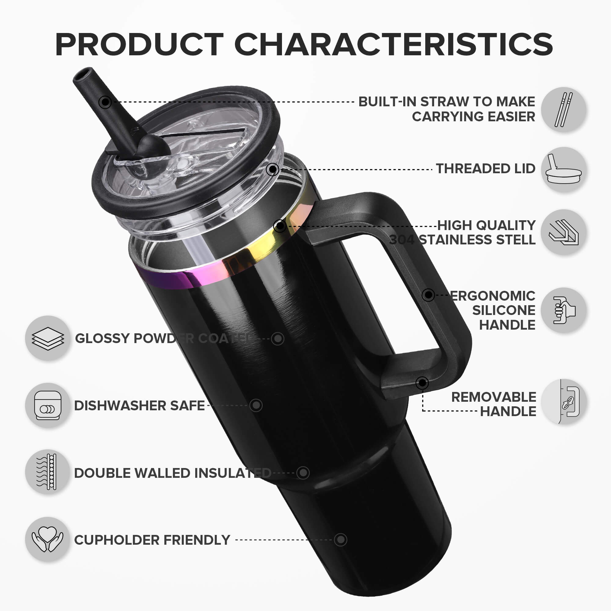 40 oz Glossy Coated Tumbler with Flip Straw - Black | 12 Pack - FASTSUB
